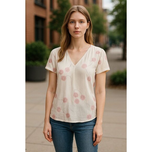 NEW Daniel Rainn Womens Cute Floral Print Blouse Size PM White Pink Resort Wear - Picture 1 of 13